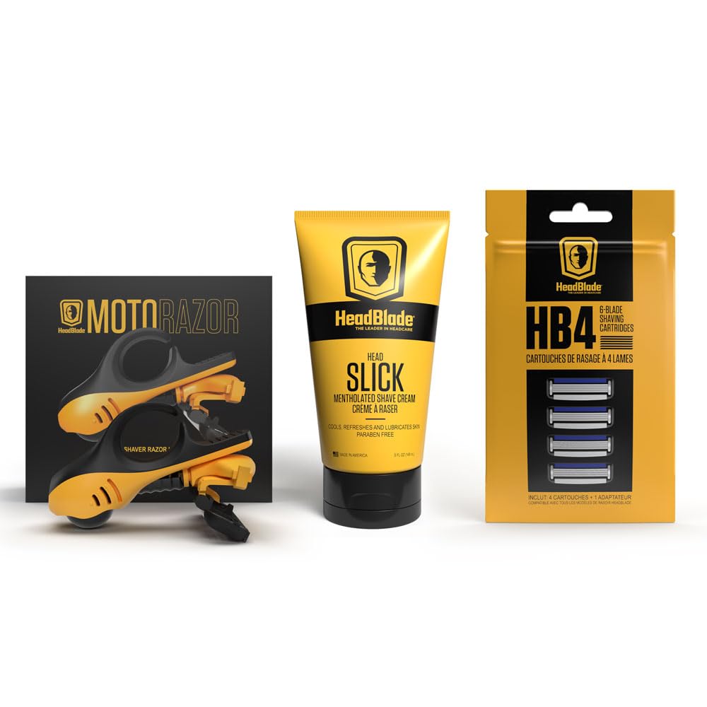 Moto Men's Head Shaving Starter Kit with 5oz HeadSlick Shaving Cream, Shaving Razor, Blade Refills