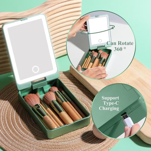 BS-MALL Travel Makeup Brush Set ? 14 Pcs Foundation Powder Concealers Eye Shadows with LED Light Mirror, Green