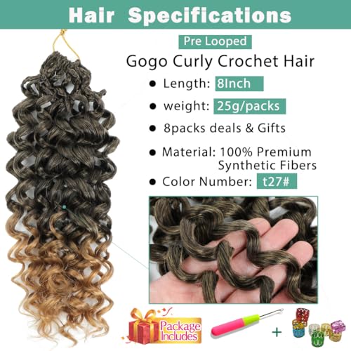 Gogo Curl Crochet Hair Extensions - Pre-Looped 8 Inch - 8 Packs for Black Women