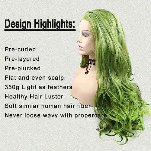 Green Lace Front Wig Body Wave Glueless Lace Wigs Olive Green Long Curly Wavy Pre Plucked Natural Wig Synthetic Heat Resistant Fiber Hair Colorful Wig for Women Daily 24 Inch