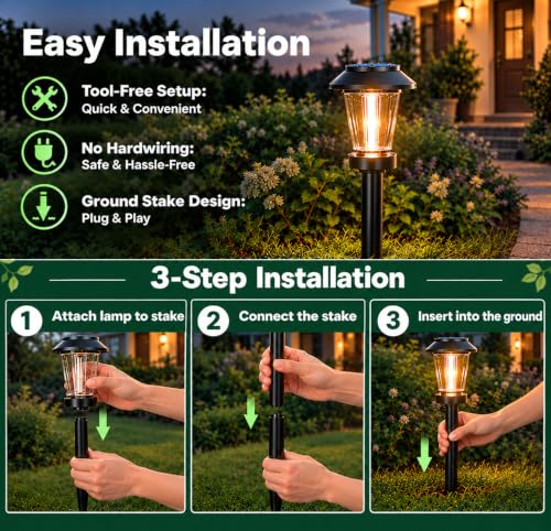Pywut 8 Pack Solar Pathway Lights with Warm White Tungsten Filament, 3 Modes, Auto On/Off, IP65 Waterproof