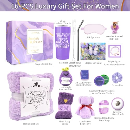 Spa Gifts for Women, Lavender 16 Pcs Valentines Day Gifts for Her Girlfriend Wife Daughter Sister, Self Care Gift Baskets for Women, Thank You, Get Well, Sympathy Inspirational Care Package Spa Basket