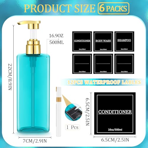 Gejoy 12 Pack Blue Shampoo and Conditioner Dispenser Bottles, 17 Oz/ 500ml Refillable Empty Pump Bottles with Labels and Marker Pen, Plastic Square Pump Dispenser Bottle for Bathroom Body Wash Shower