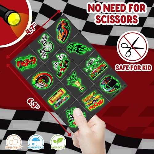 72 PCS Race Car Party Favors ? 48 PCS Tattoos & 24 PCS LED Finger Lights Combo ? Birthday Goodie Bag Fillers, Party Supplies, Gifts Light Up Toys Glow In The Dark for Boys and Girls