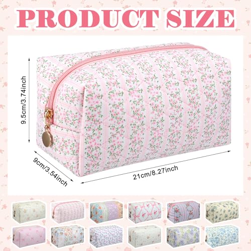 Qinyoung 12 Packs Quilted Makeup Bag Flower Theme Toiletry Cosmetic Bag Aesthetic Makeup Pouch Floral Emergency Kit Pouch for Traveling