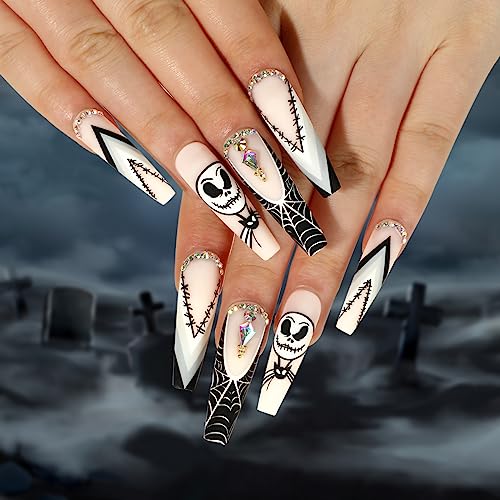 Halloween Long Fake Nails Spider Web Press on Nails Coffin Shape Skull Designs Halloween False Nails with Rhinestones Full Cover Glue on Nails Exquisite Long Coffin Halloween Acrylic Nails for Women