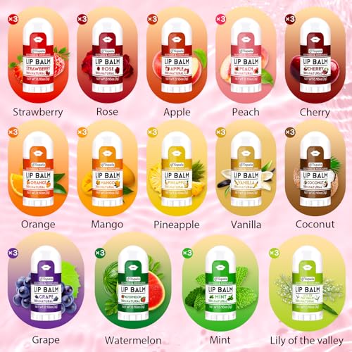 Yopela Mini Lip Balm Bulk 42 Pack, Natural Lip Balms with Vitamin E and Coconut Oil, Moisturizing and Nourishing Dry Cracked Lips,14 Flavors Chap Sticks Small Gift Party Favors for Kids Adults