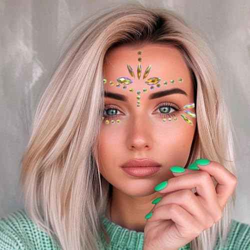 Mermaid Face Gems Stick Jewels for Women Cosplay Mermaid Halloween Club Eye Face Gems Stickers on Rave Party Gift for Kids Eye Face Jewels Temporary Tattoos Festival (Gold)