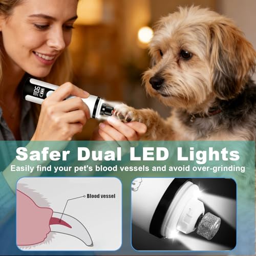 2026 New Ultra Quiet Pets Nail Grinder with 2 Lights,Adjustable 3 Speeds Dog Nail Trimmers,2000mAh Rechargeable,Painless Paws Grooming Pro for Small Medium Large Dogs & Cats (2 Replacement Heads)