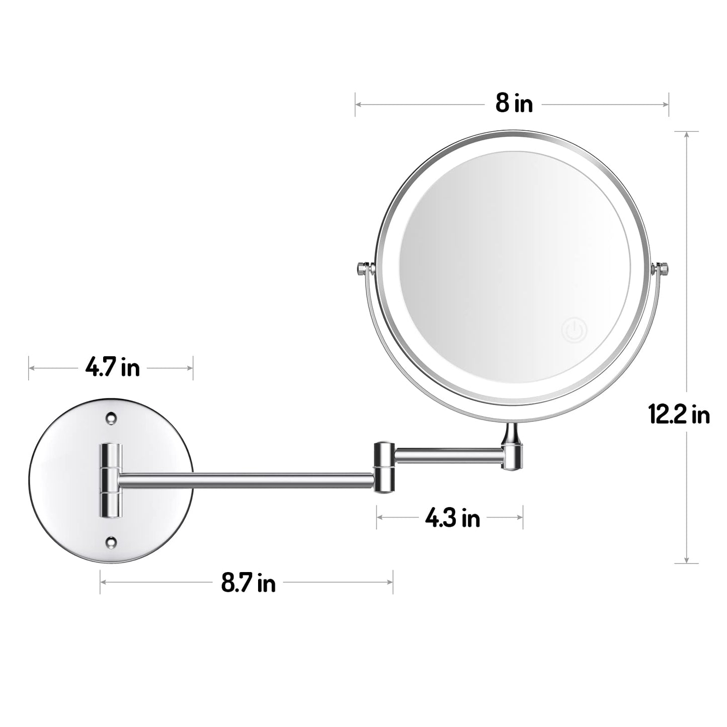 Rocollos Rechargeable Wall Mounted Lighted Makeup Mirror, 8 Inch Double-Sided LED Vanity Mirror 1X/7X Magnification,3 Color Lights Touch Screen Dimmable 360°Swivel 13 Inch Extendable