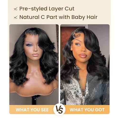 Ugrace Layered Cut C-Side Part Loose Wave Glueless Wigs Human Hair Pre Plucked Pre Cut 6¡¿5 HD Lace With Baby Hair Pre Bleached Knots 180% Density Natural Black Wigs for Black Women 18Inch