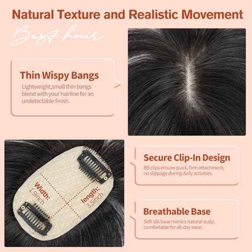 Short Hair Toppers for Women, Real Human Hair Toppers with Bangs, Clip in Human Topper for Thin hair, Thinning Crown Wiglets Hair Pieces Small Top Base 1.9"¡¿3.5" 8 Inch,0.7oz,1B Natural Black