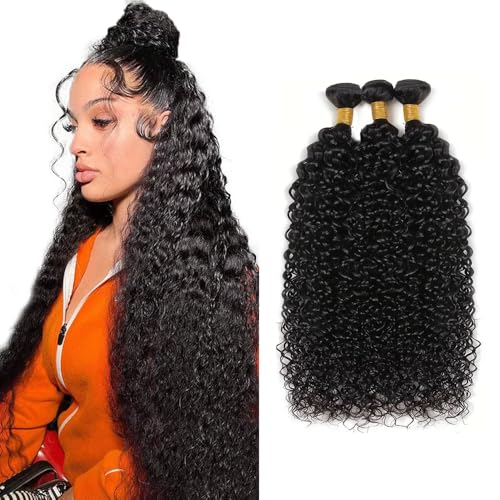 WuvuSnm 1B Kinky Curly Human Hair Bundles 28/30/32 Includes 28 30 32 Black-#1BJC