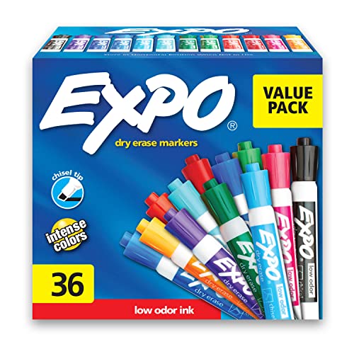 EXPO Low Odor Dry Erase Markers, Chisel Tip, Assorted Fashion Colors, 36 Count for Classroom, Office & Home Use