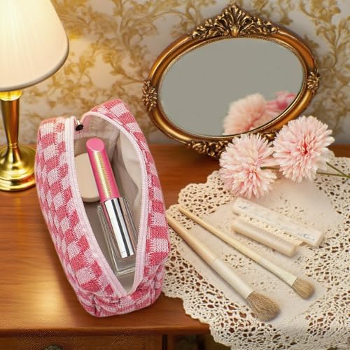 24 PACK Checkered Makeup Bags Bulk-Easter Gifts/Bulk Cosmetic Bags/Large Bridesmaid Gifts/Makeup Pouch for Wedding Party Favors Birthday/Teacher/Mothers Day Gifts/Toiletry Travel Bags(Pink)