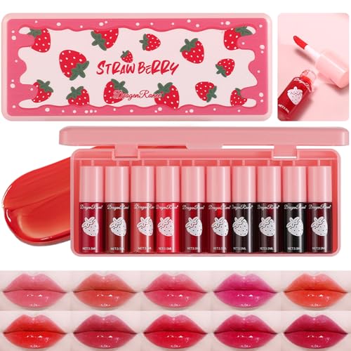 10 Pcs Lip Tint Set Cute Glossy Lip Stains and Matte Lipsticks with Long-lasting and Quick-drying Mini Lip Gloss Lipstick for Makeup Gift (Strawberry, Lip Gloss)