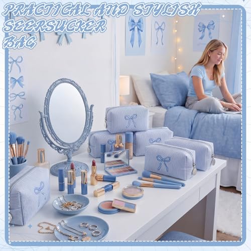 Blue Bow Seersucker Cosmetic Bags Set of 6 - Women's Travel Makeup Pouches