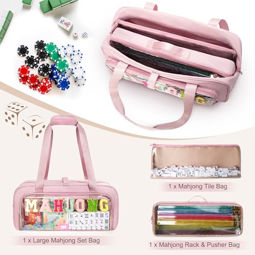 Pink Mahjong Bag Set - 3 Piece Clear American Tile & Rack Storage Bags for Mahjong Enthusiasts