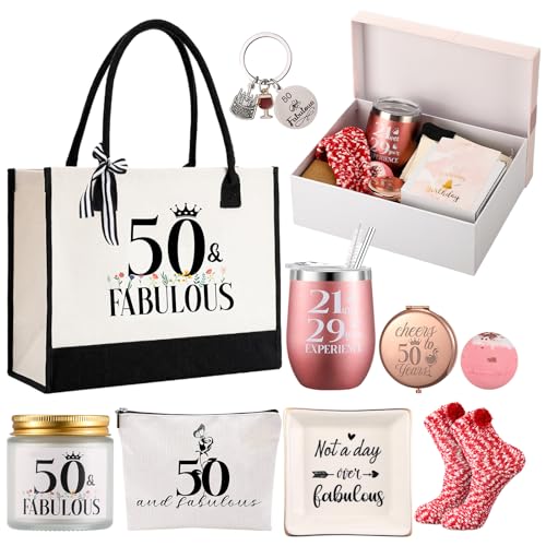 11 Pcs 50TH Birthday Gifts Sets for Her Include Tote Bag Makeup Bag Ring Tray Wine Tumbler Scented Candle Keychain Socks for Women Mom Wife Sister Coworker Happy 50 Birthday Valentines Gifts