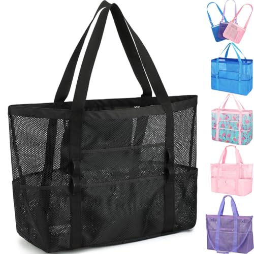 Fammart Large Mesh Beach Bag with Zipper Pocket for Family Travel