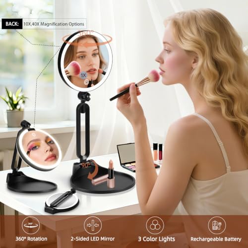 Junyaoxuan Black 6-Inch Double Sided LED Travel Makeup Mirror with 1X/40X Magnification and Dimmable Lights