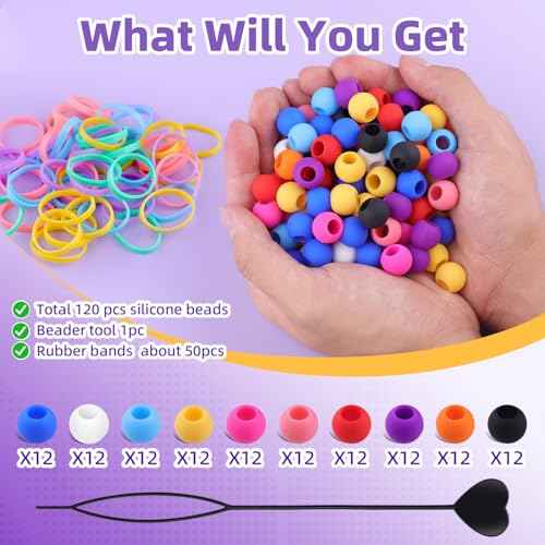 120Pcs 14mm Large Silicone Beads for Hair Braids, Soft Jellyish Hair Beads with 7mm Hole + 50 Rubber Bands and 1 Beader for Braiding, DIY Bracelets Necklaces Crafts (Multicolors)
