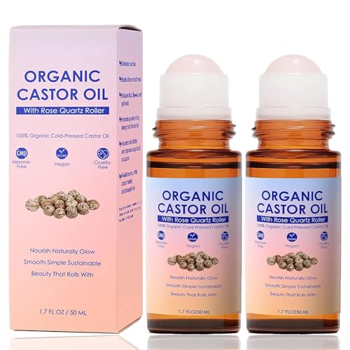 Guluxly Organic Castor Oil Rose Quartz Roller Ball – 2 oz, Multi-Use Skin, Brows, Lashes, Cuticles