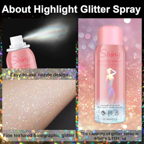 Holographic Body Glitter Spray - Silvery Shiny Shimmer for Hair, Face & Clothes | Quick-Drying, Long-Lasting Glitter Hairspray Temporary Shiny Mist for Festival, Rave, Music Concert, Prom Accessories