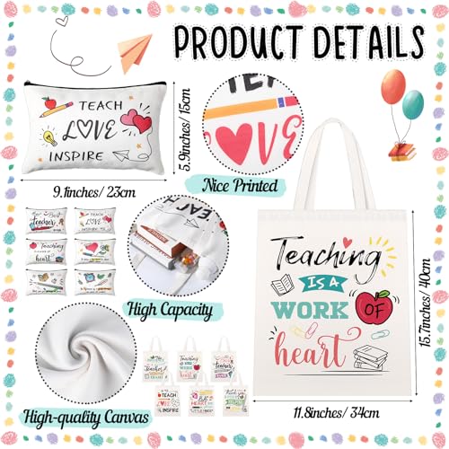 Blosssound 12 Pcs Teacher Appreciation Gift for Women Canvas Tote Bag Thank You Teacher Cosmetic Makeup Bag