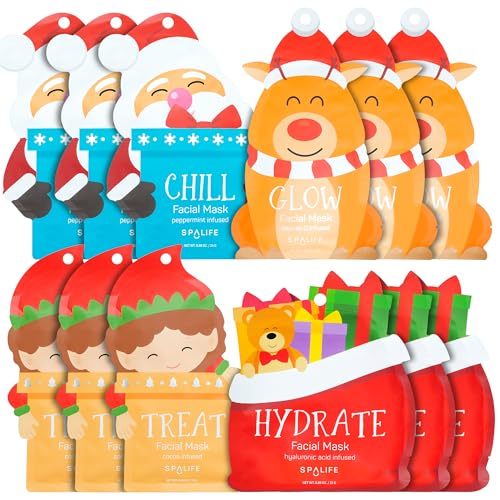 SpaLife Beauty Santa¡¯s Squad 2025 Christmas Face Mask Bundle | Korean Facial Masks | Hydrating, Soothing, Complexion Enhancing and Firming Sheet Mask Set | Christmas Gifts for Women | 12 Pack