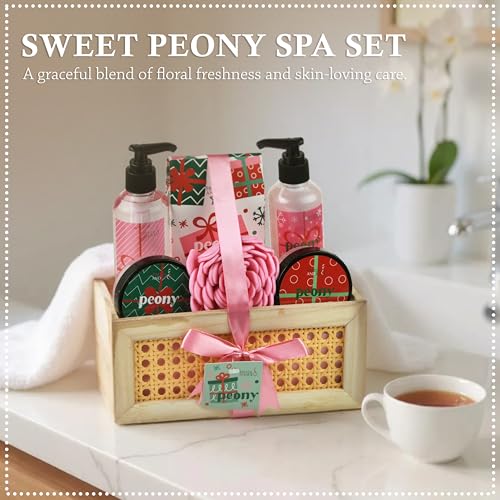 Freida & Joe Peony Spa Gift Set Bath & Body Gift Basket for Women & Men | Shower Gel, Body Lotion, Body Scrub, Bath Salt | Relaxing Self Care Gift ? Mother's Day Gift for Mom