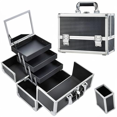 Joligrace 3-Tray Makeup Case with Mirror & Brush Holder
