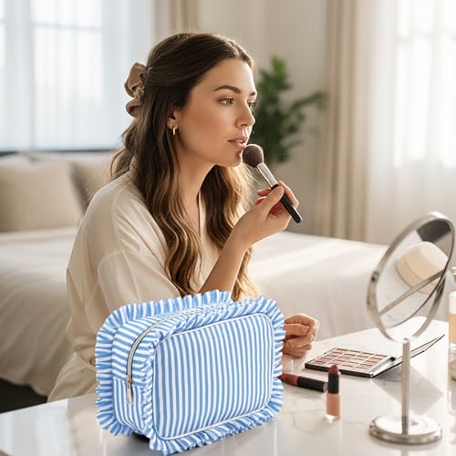 Kigeli Large Ruffle Makeup Bag - Waterproof Nylon Cosmetic Pouch