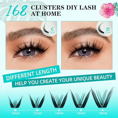 Lash Clusters Manga 168Pcs Eyelash Cluster Wet Look Ultra-Thin Invisible Lash Band Eyelashes Extensions Spiky Anime Wide Span Lashes(Kitten,C-10mm)