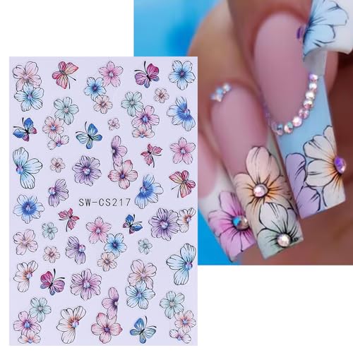 Flower Stickers for Nail Art Decals - 12 Sheets Spring Butterfly Nail Stickers with Tweezers 3D Floral Leaves Plant Nail Art Designs DIY Self Adhesive Daisy Blossom Nail Supplies Decorations
