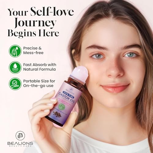 Bealions Castor Oil Rose Quartz Roller Ball 1.7 Fl Oz for Skin & Lash Care