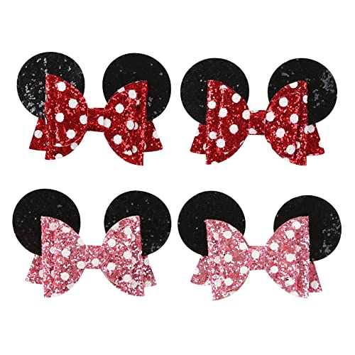 Mouse Ears Hair Bow Clips Polka Dot Barrettes for Girls Glitter Costume Accessories Birthday Party Decorations 1 Count (Pack of 4)