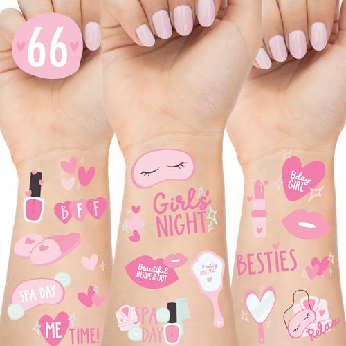 Spa Party Temporary Tattoos - 66 Kids Temporary Tattoos | Perforated Sheet for Easy Tear & Share | Slumber or Spa Party Favors, Girls Night, Pajama Birthday or Sleepover Supplies