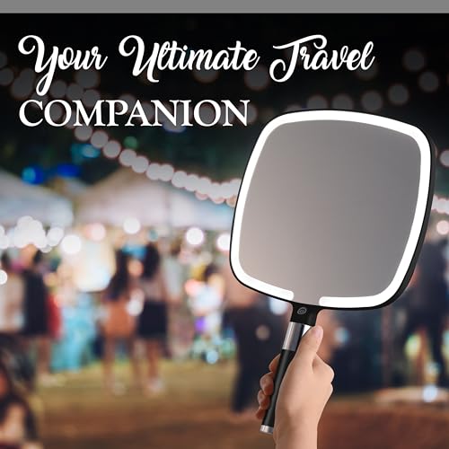 MIRRORVANA LED Travel Makeup Mirror - 9x13 Inch Handheld with Bright Lighting, Rechargeable, Adjustable Stand, Black