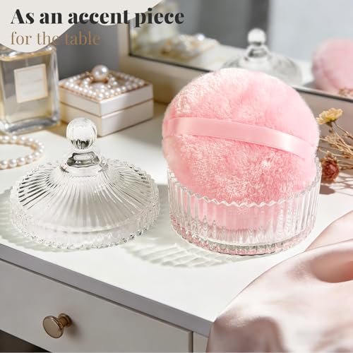 Teenitor Powder Puff 5.5" Extra Large Powder Puff and Container, Dusting Powder Container with Puff, Glass Crystal Powder Container for Body Powder Puff Pink