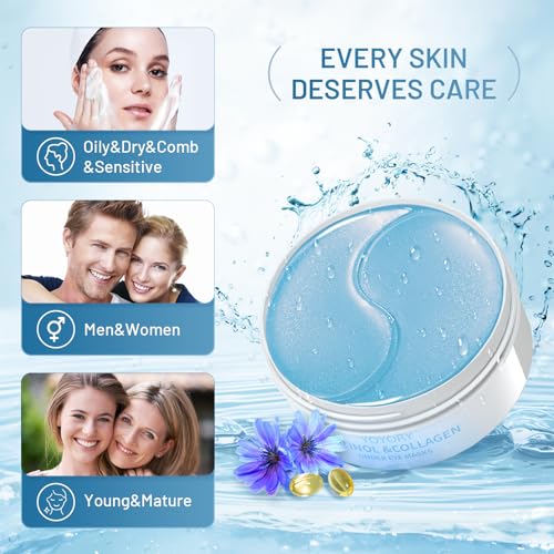 Under Eye Patches Masks - for Puffy Eyes, Fine Lines, Dark Circles,Wrinkles, Eye Bags Treatment with Collagen and Hyaluronic Acid,Firming & Cooling, Moisturizing and Hydrating Blue (60 Pcs)