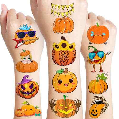 96 PCS Funny Halloween Fall Little Thanksgiving Pumpkin Pre-cut Temporary Tattoos Sticker Autumn Birthday Party Favors Supplies Gifts Boys Girls Baby Shower Cute School Reward Themed