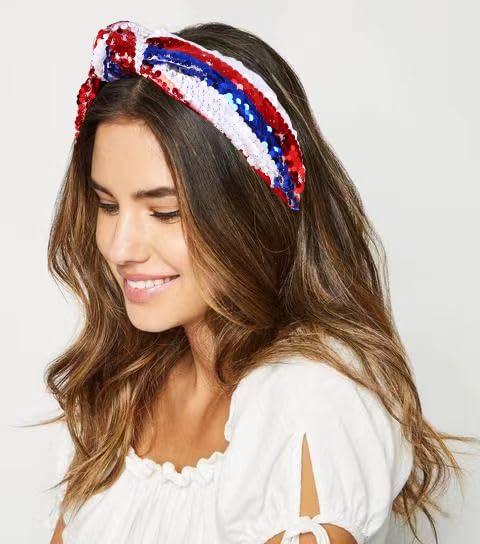 CULHEITE American Flag Headband Independence Day Glitter Sequin Headband Women Knotted Patriotic Hair Band Holiday Fashion Hair Accessories for Women Girls