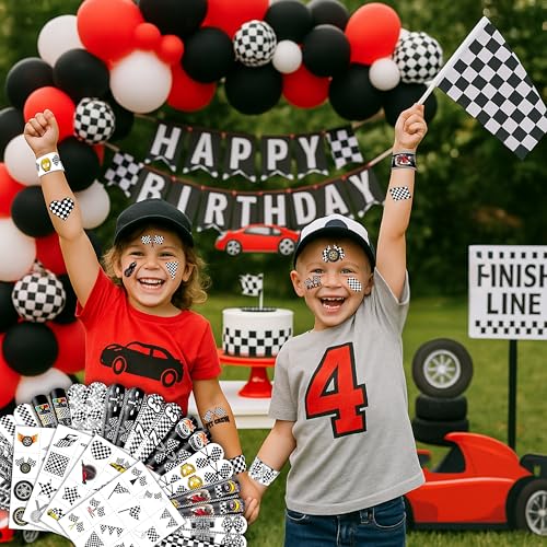 72PCS Checkered Flag Party Set - 48PCS Temporary Tattoos & 24PCS Slap Bracelets - Racing-Themed Birthday Supplies, Baby Shower Gifts, Classroom Rewards & Party Decor