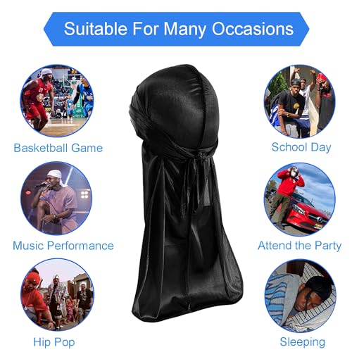 Wheebo 12PCS Silky Durags for Men Women Waves, Satin Do Rags Pack Headwraps Skull Caps with Long Tail and Wide Straps