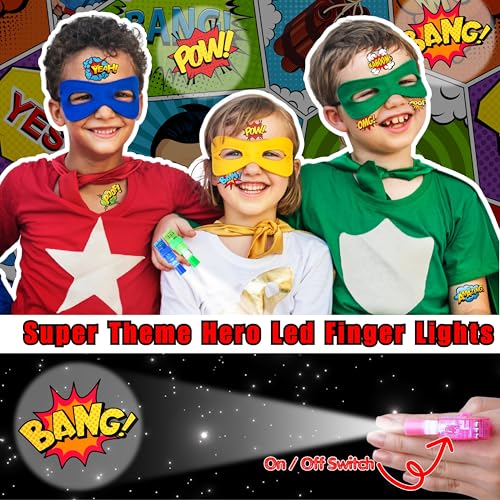 72 PCS Hero Party Favors - 48 PCS Tattoos & 24 PCS LED Finger Lights Combo - Birthday Goodie Bag Fillers, Light Up Toys for Boys and Girls, Party Supplies for Kids