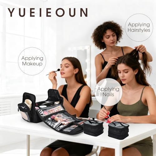 Makeup Train Case 18.1 Inch Large Travel Makeup Organizer Case Portable Makeup Arists Bag with Shoulder Strap Makeup Brush Slots 4 Clear Pouch for Cosmetologist Aesthetic Supplies Nail Tech Makeup Bag