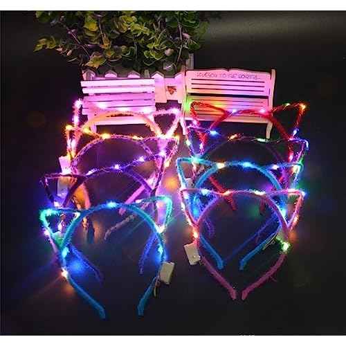 REQO 10 Pieces Cat Ears Headbands Set,LED Cute Cat Light Up Head Accessories,Glowing Girls Headdress Party Supplies For Night Clubs, Raves, Concert Party,Christmas,Halloween,Adults,Kids (10pcs-A)