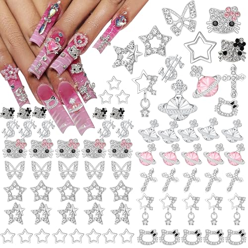 112 PCS Nail Charms Bulk Set for Kawaii Kitty Charms Bling Cute Cross Star Charms Nail Charms and Gems 3D Silver Y2K Nail Charms with Rhinestones Nail Art Accessories