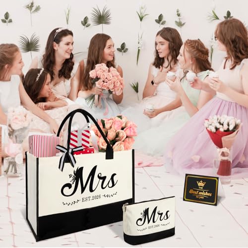 Mrs 2026 Bride Canvas Tote Bag with Makeup Bag, Wedding Gifts for Bridal Shower Bachelorette Party Engagement Honeymoon, Miss to Mrs, Bride to Be Gifts